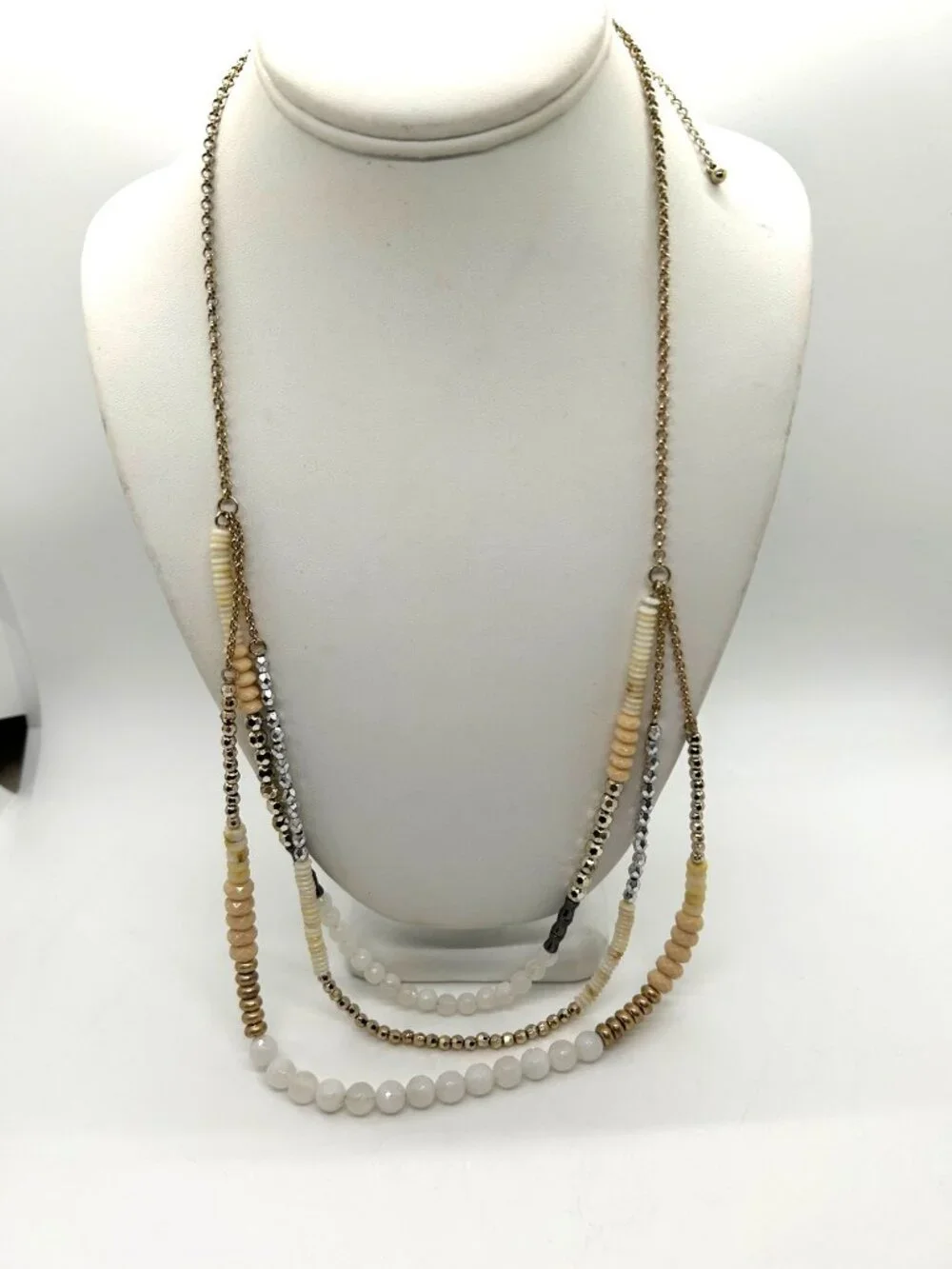 Vintage 3 Strand Layered Beaded Necklace White Tan Gold Tone Chic Boho